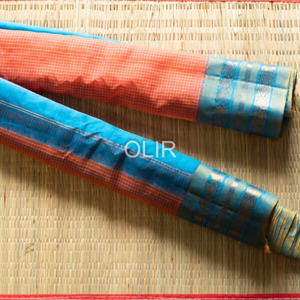 Peach and Blue Gadwal Cottton saree