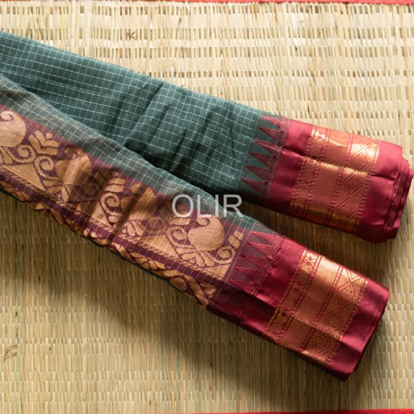 Military Green with Maroon Border Gadwal Cotton Saree
