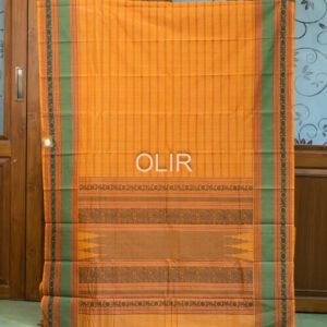 Handwoven Kanchi Cotton Saree – Light Orange with Emerald Green Border