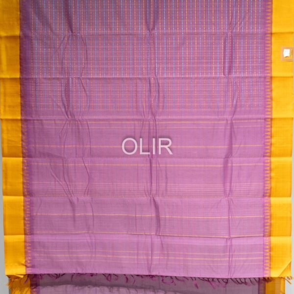 Lavender Body with Lakshadeepam Pattern and Mustard border Kanchi Cotton and Silk mixed Cotton Saree