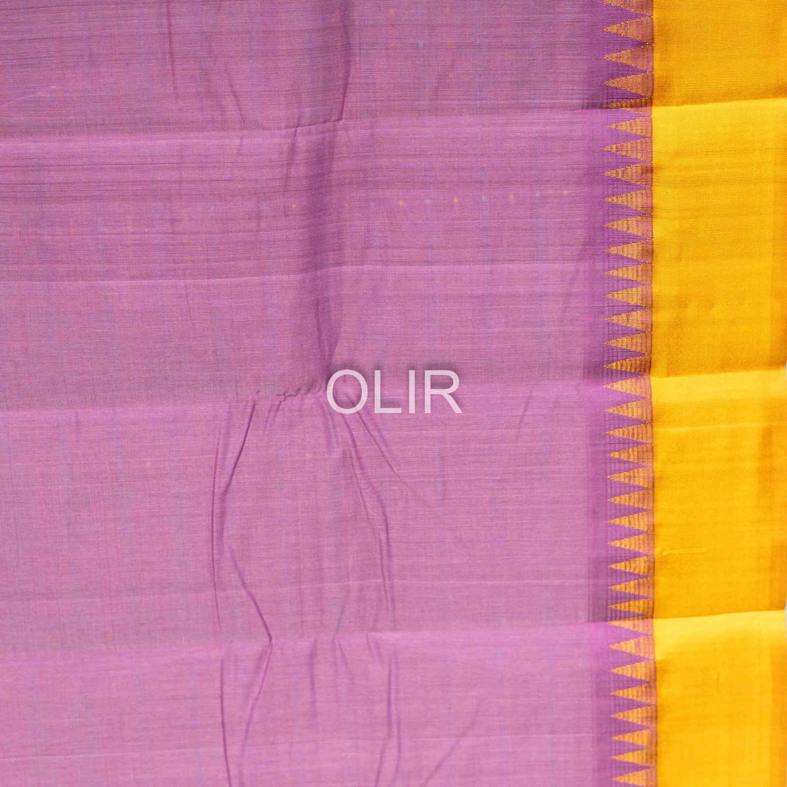 Lavender Body with Lakshadeepam Pattern and Mustard border Kanchi Cotton and Silk mixed Cotton Saree - Image 3