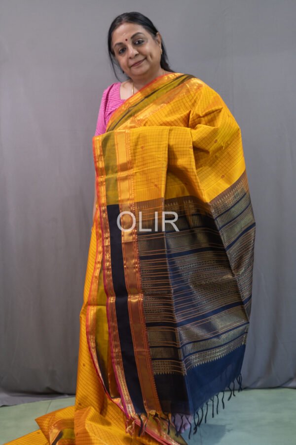 Mustard Yellow Body with Contrast Pallu Silk Cotton Saree with Checks and Buttas
