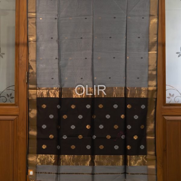 Slate Grey Floral Butti Saree with Black Pallu