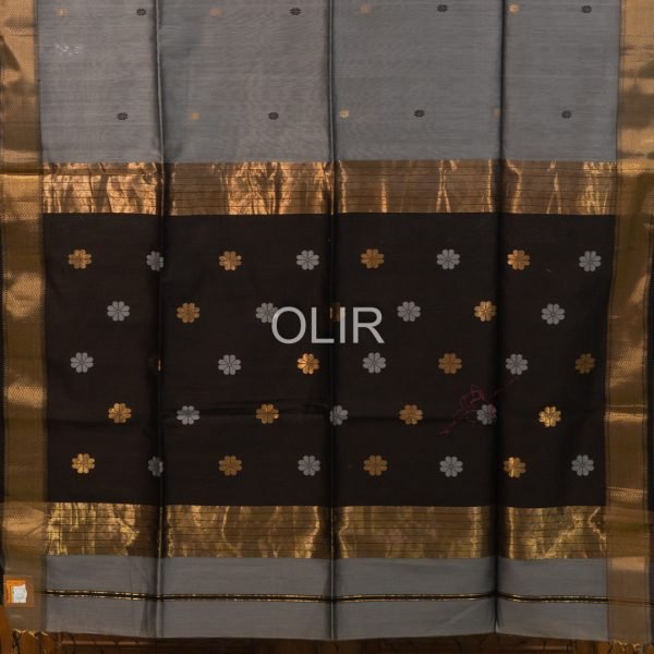 Slate Grey Floral Butti Saree with Black Pallu