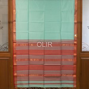 Cyan Zari Border Saree with Red Pallu