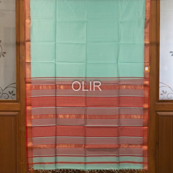 Cyan Zari Border Saree with Red Pallu