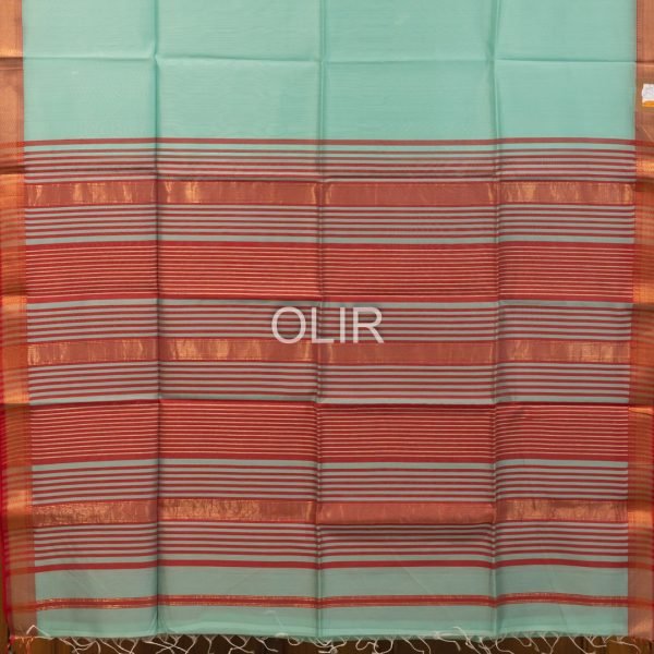 Cyan Zari Border Saree with Red Pallu