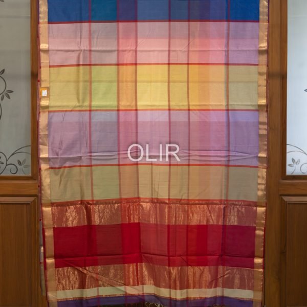 Multicolor Checks Maheshwari Saree with Red Pallu