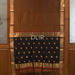 Chocolate Brown Maheswari Silk Cotton Saree with Golden Leaf Pallu