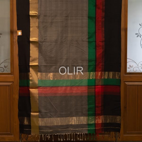 Charcoal Grey Silk Blend Saree with Multicolor Pallu