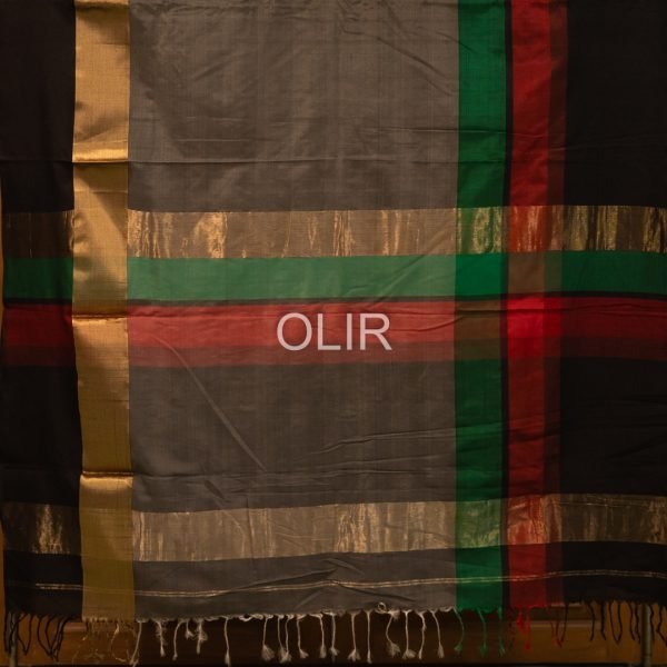 Charcoal Grey Silk Blend Saree with Multicolor Pallu