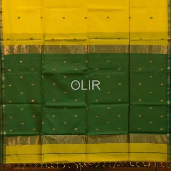 Bright Yellow with thin Dark Green zari border and dark green Pallu