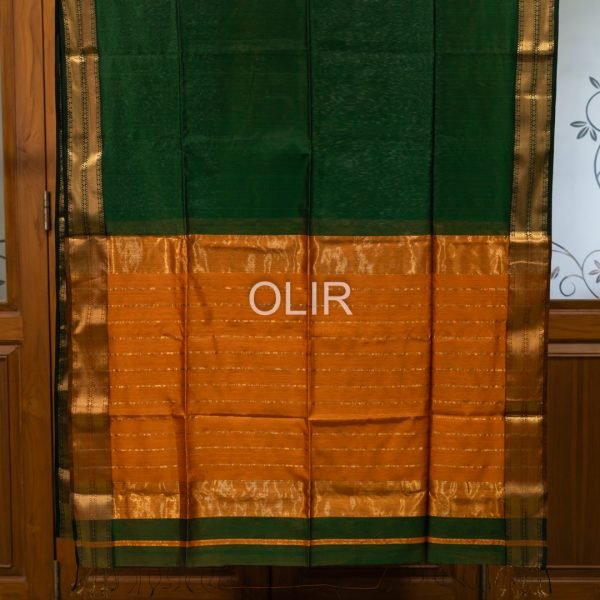 Dark Green Double Border Saree with Orange Pallu