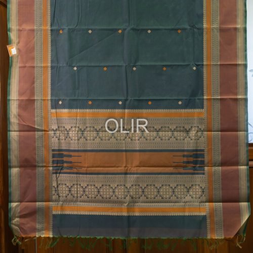 KC001-1.jpg Peacock Blue with Brown Kanchi Cotton Saree