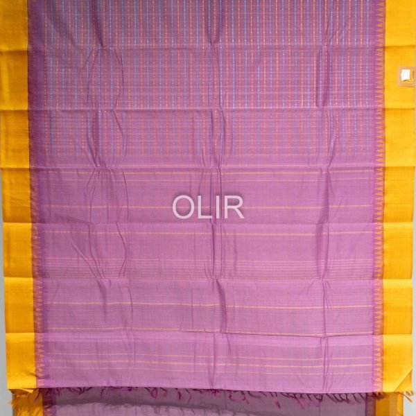 KC022-2-scaled-1.jpg Lavender Body with Lakshadeepam Pattern and Mustard border Kanchi Cotton and Silk mixed Cotton Saree