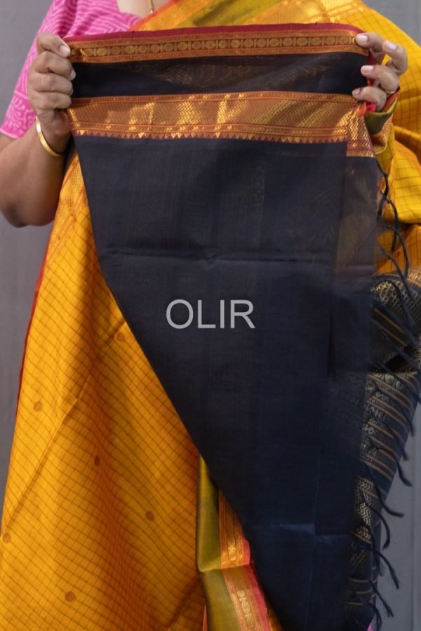 Mustard Yellow Body with Contrast Pallu Silk Cotton Saree with Checks and Buttas