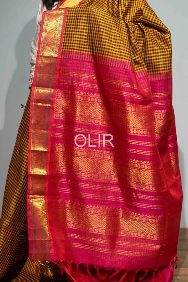 Mustard With Brown Small Checks and Pink border