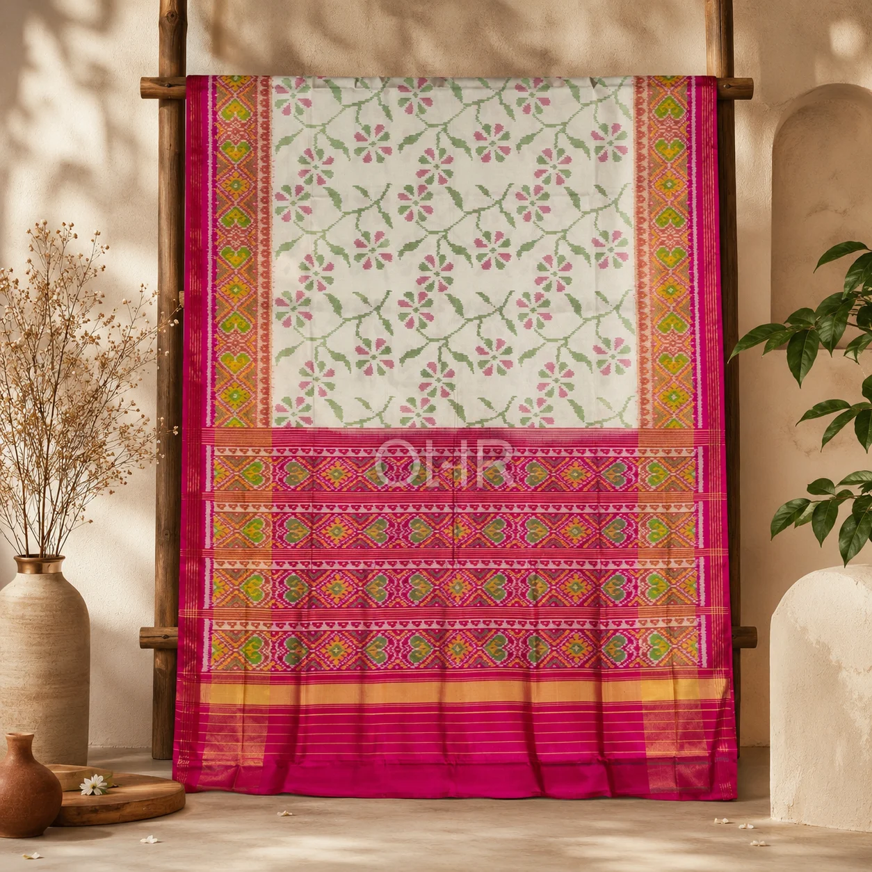 patola white (1) Copper Sulphate Blue with Pink Pure SIlk Patola Saree