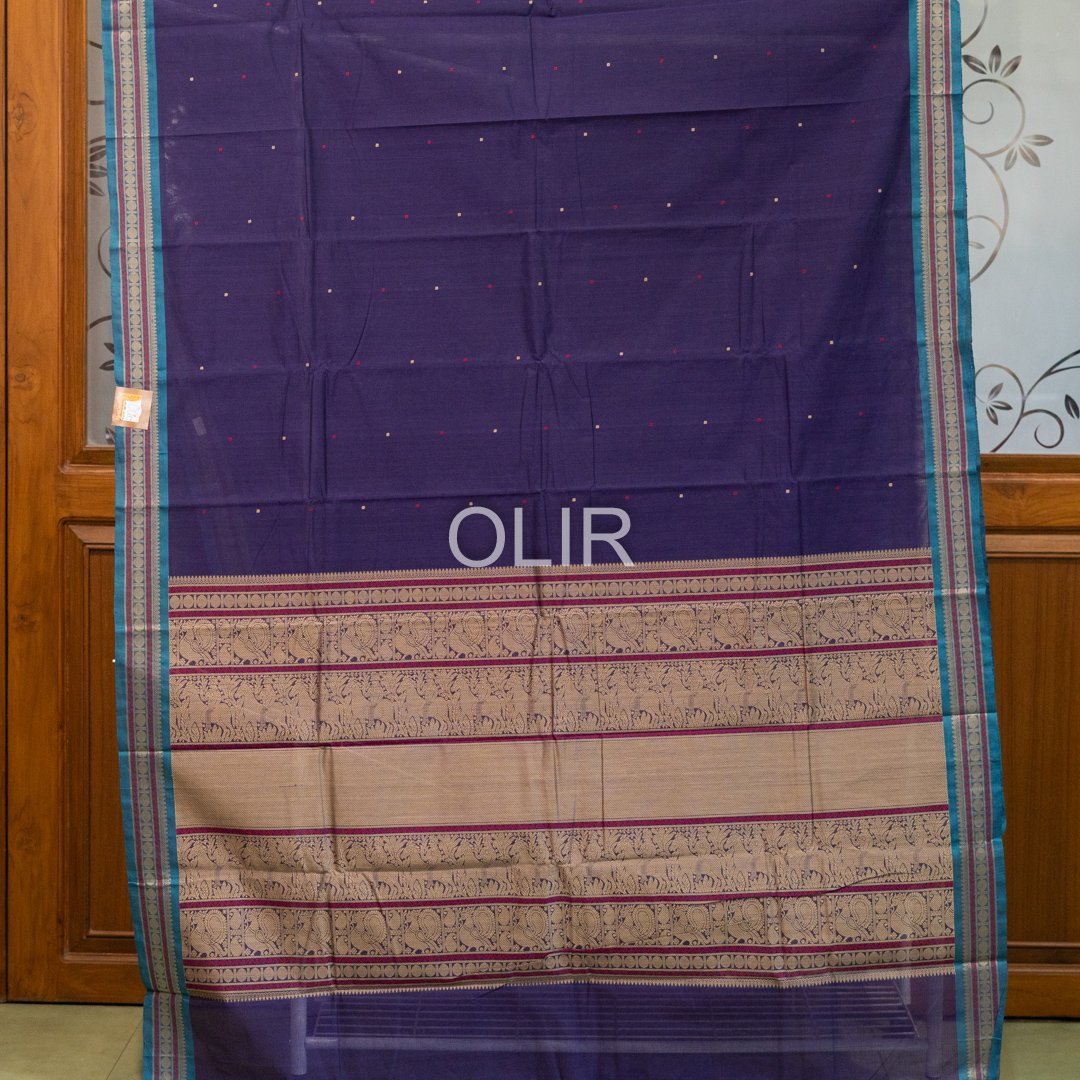 Handwoven Kanchi Cotton Saree – Violet with Peacock Blue Border