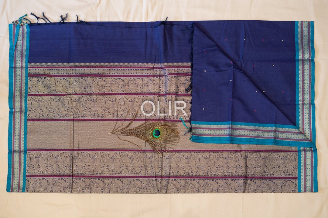 Handwoven Kanchi Cotton Saree – Violet with Peacock Blue Border - Image 2