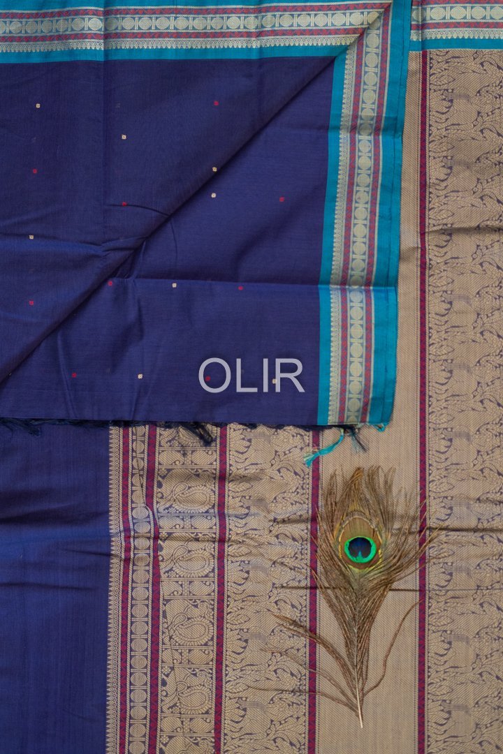 Handwoven Kanchi Cotton Saree – Violet with Peacock Blue Border - Image 3