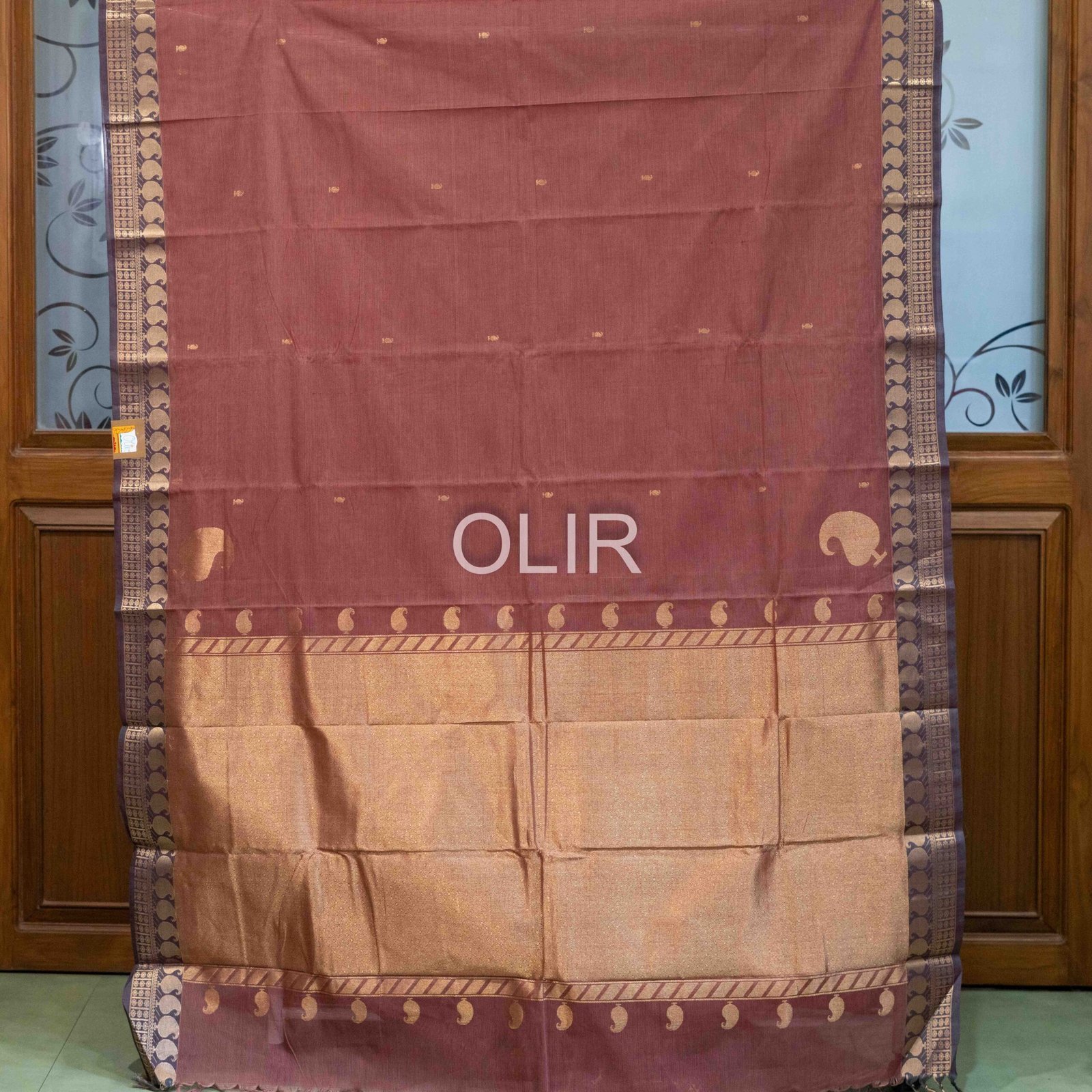 Handwoven Kanchi Cotton Saree – Mauve with Gold Zari Border - Image 2