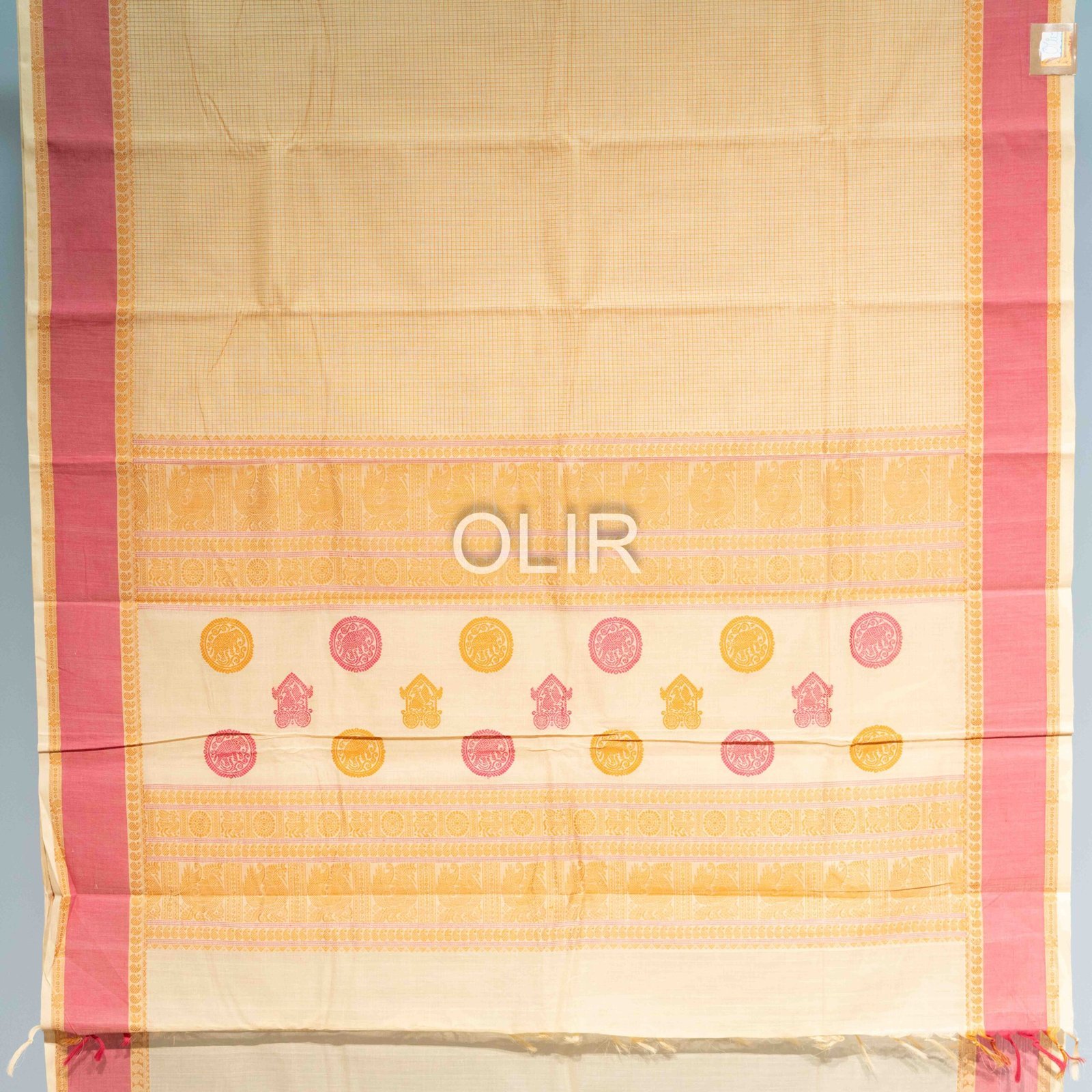Handwoven Kanchi Cotton Saree – Ivory with Rose Pink Border
