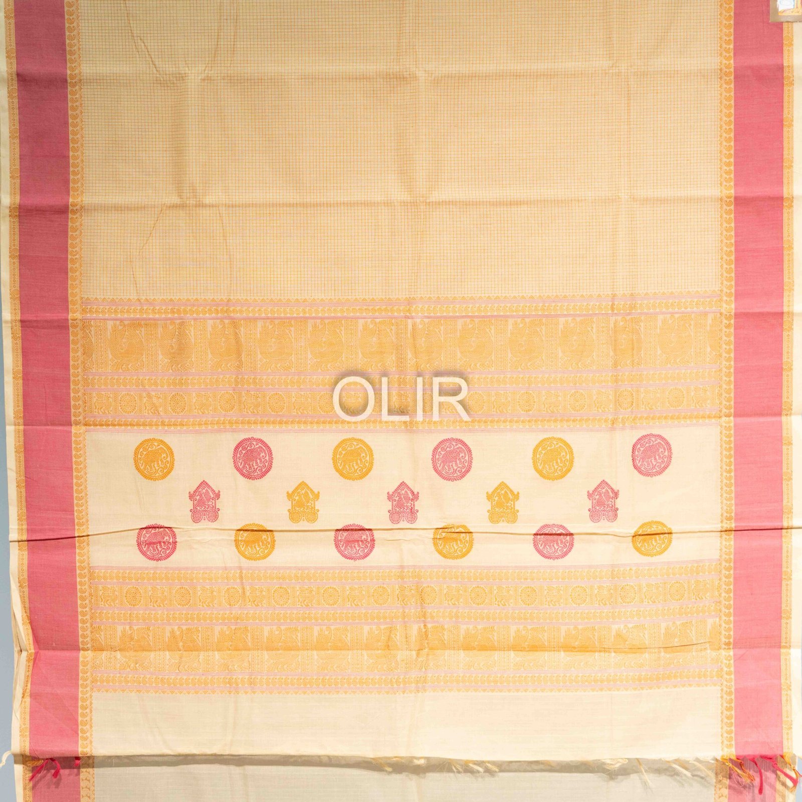 Handwoven Kanchi Cotton Saree – Ivory with Rose Pink Border - Image 2