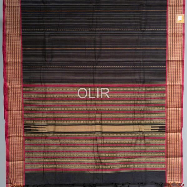 Handwoven Kanchi Cotton Saree – Midnight Black with Magenta Border