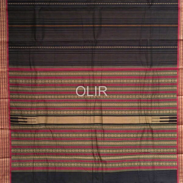 Handwoven Kanchi Cotton Saree – Midnight Black with Magenta Border