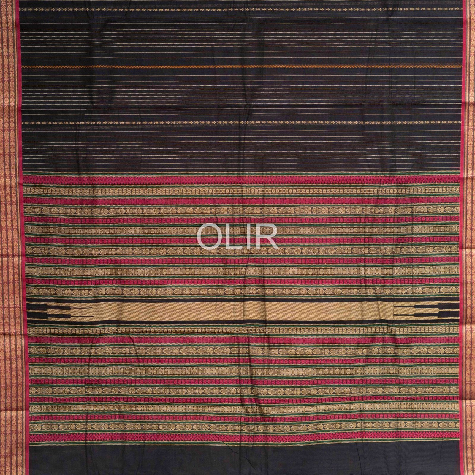 Handwoven Kanchi Cotton Saree – Midnight Black with Magenta Border - Image 2