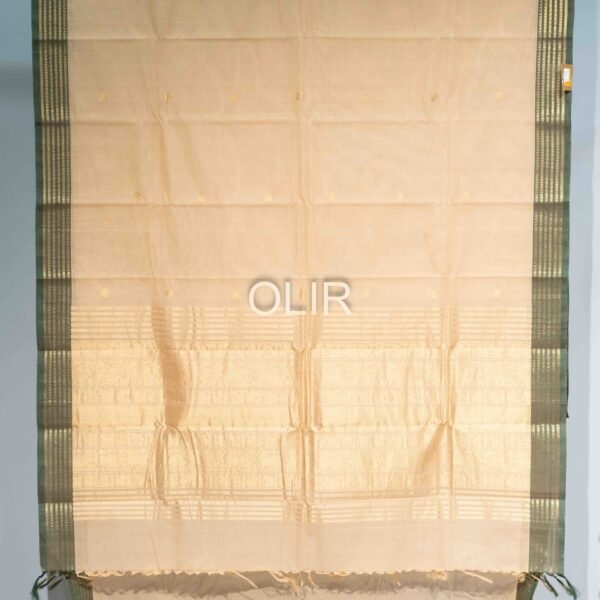 Handwoven Kanchi Cotton Saree – Beige with Olive Green Border