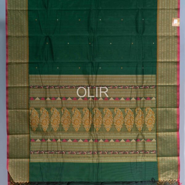 Handwoven Kanchi Cotton Saree – Emerald Green with Light Green Bomkai Border
