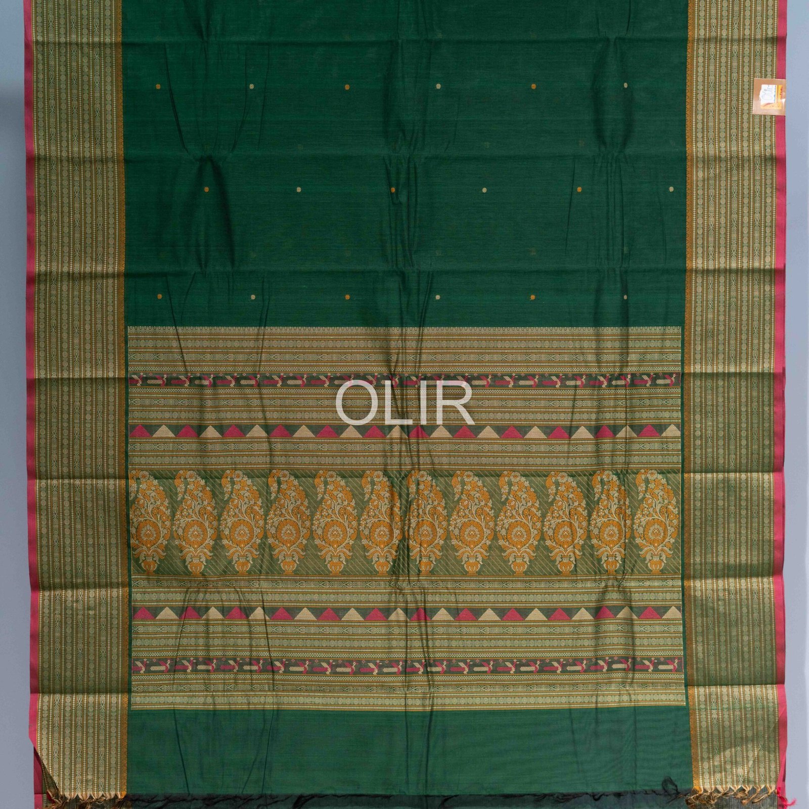 Handwoven Kanchi Cotton Saree – Emerald Green with Light Green Bomkai Border