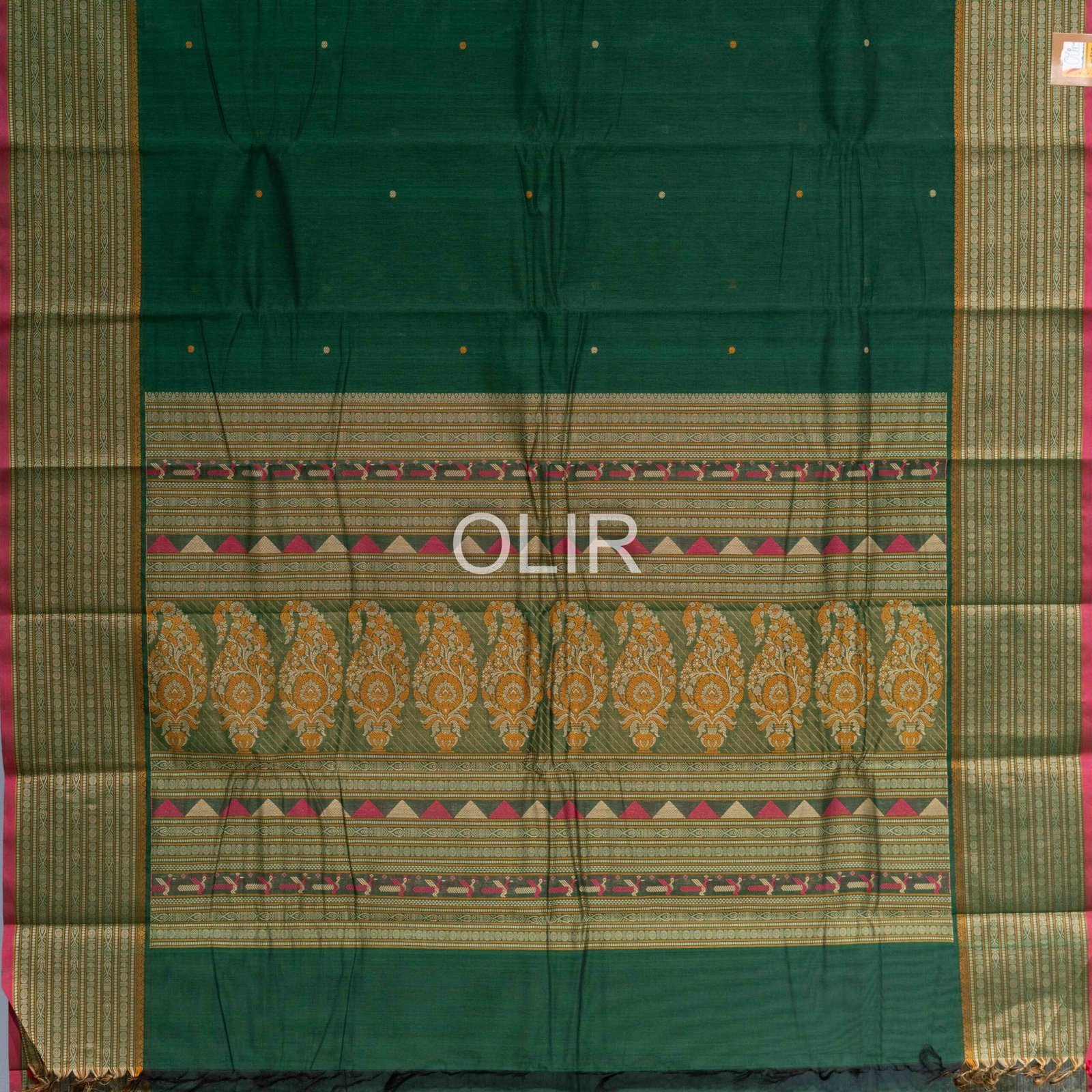Handwoven Kanchi Cotton Saree – Emerald Green with Light Green Bomkai Border - Image 2