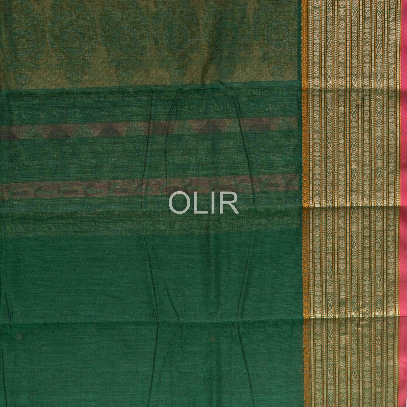 Handwoven Kanchi Cotton Saree – Emerald Green with Light Green Bomkai Border - Image 3