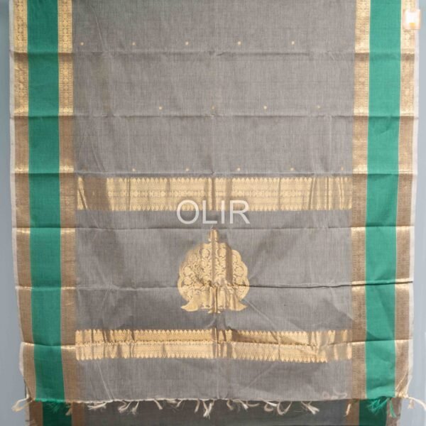 Handwoven Kanchi Cotton Saree – Slate Grey with Emerald Green Border