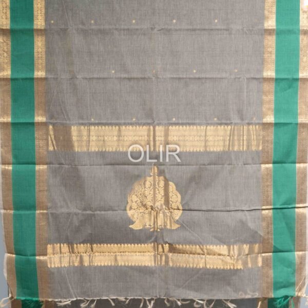 Handwoven Kanchi Cotton Saree – Slate Grey with Emerald Green Border