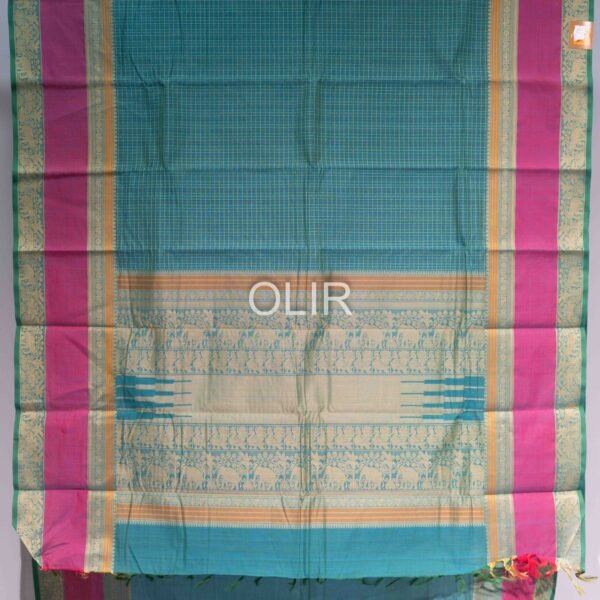 Handwoven Kanchi Cotton Saree – Peacock Blue with Rani Pink Border