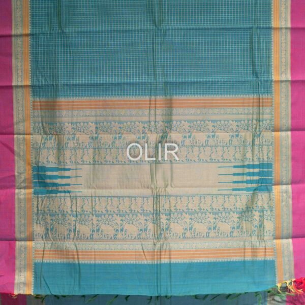 Handwoven Kanchi Cotton Saree – Peacock Blue with Rani Pink Border