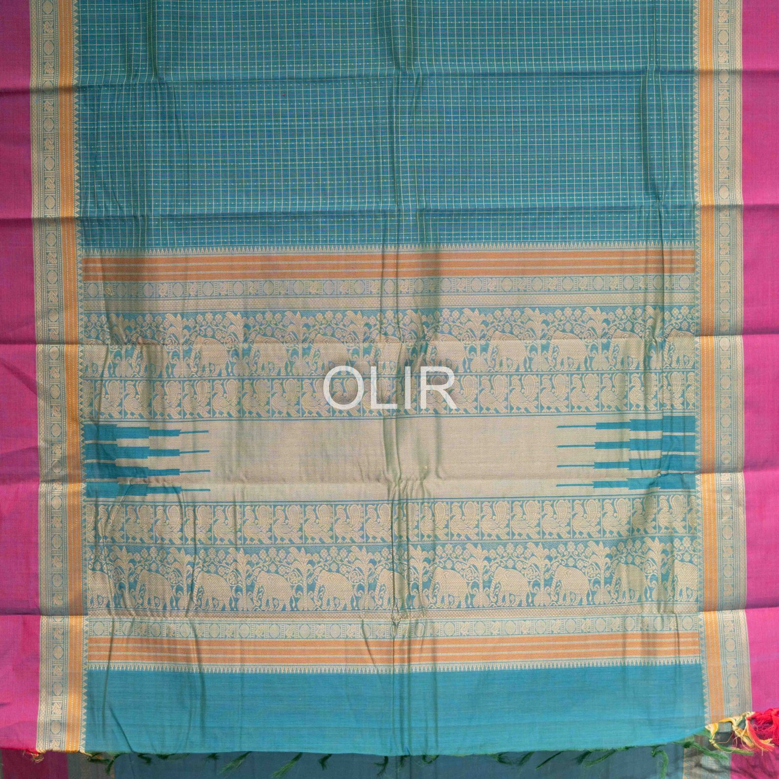 Handwoven Kanchi Cotton Saree – Peacock Blue with Rani Pink Border - Image 2
