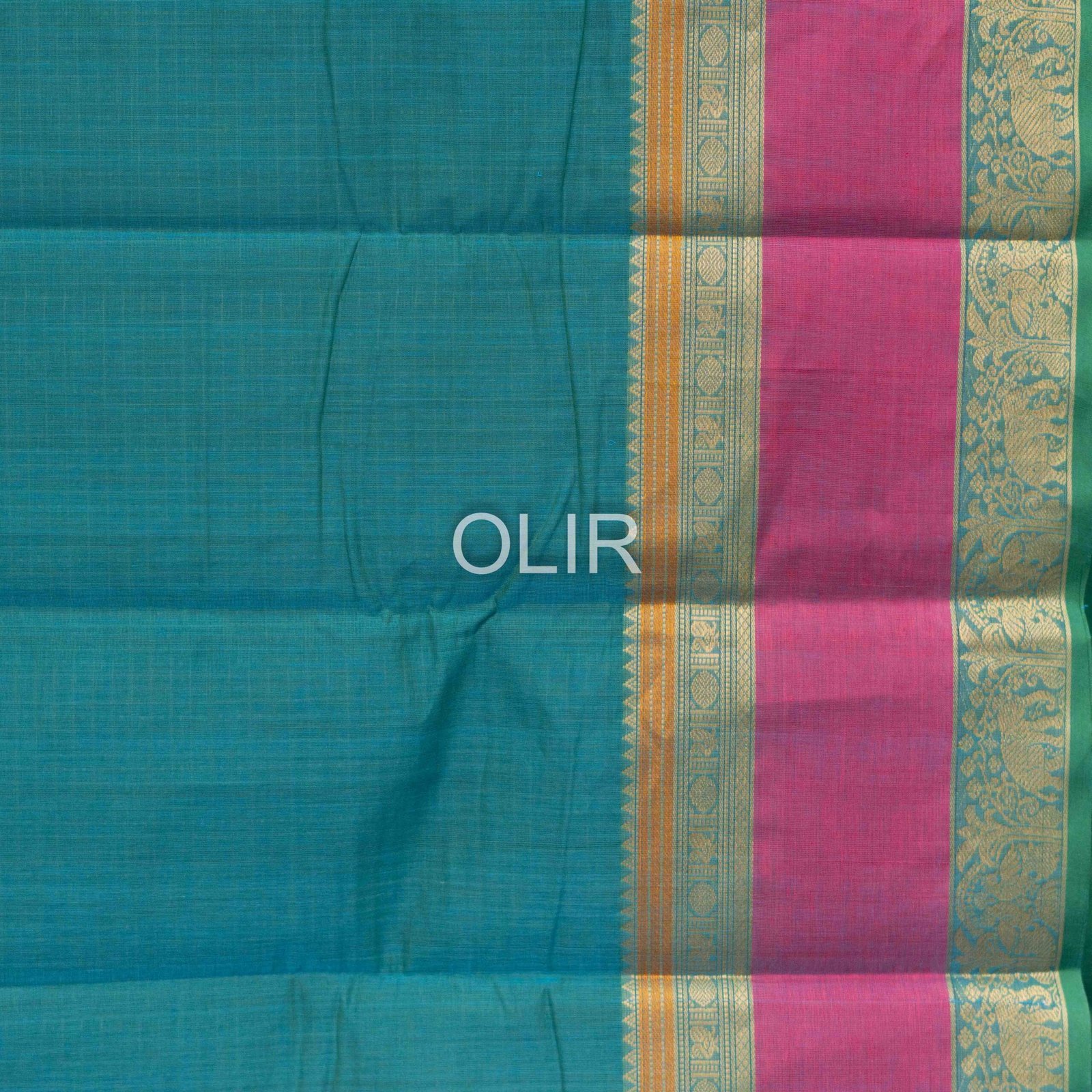 Handwoven Kanchi Cotton Saree – Peacock Blue with Rani Pink Border - Image 3