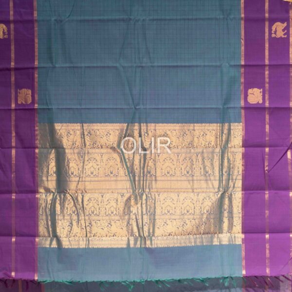 Handwoven Kanchi Cotton Saree – Peacock Blue with Royal Purple Temple Border