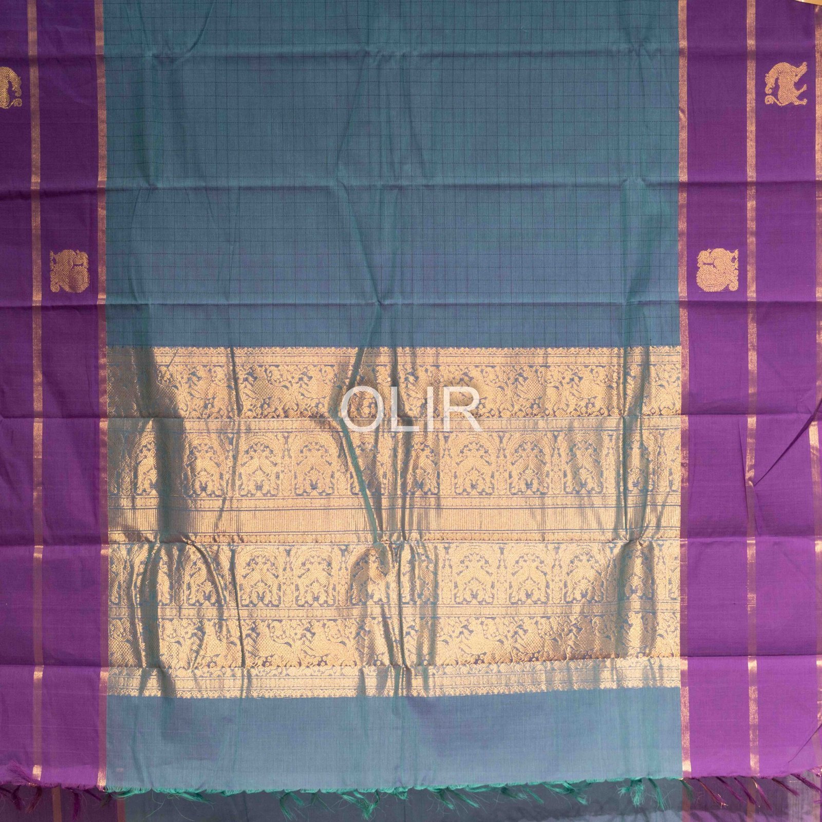 Handwoven Kanchi Cotton Saree – Peacock Blue with Royal Purple Temple Border