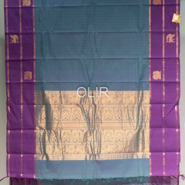 Handwoven Kanchi Cotton Saree – Peacock Blue with Royal Purple Temple Border