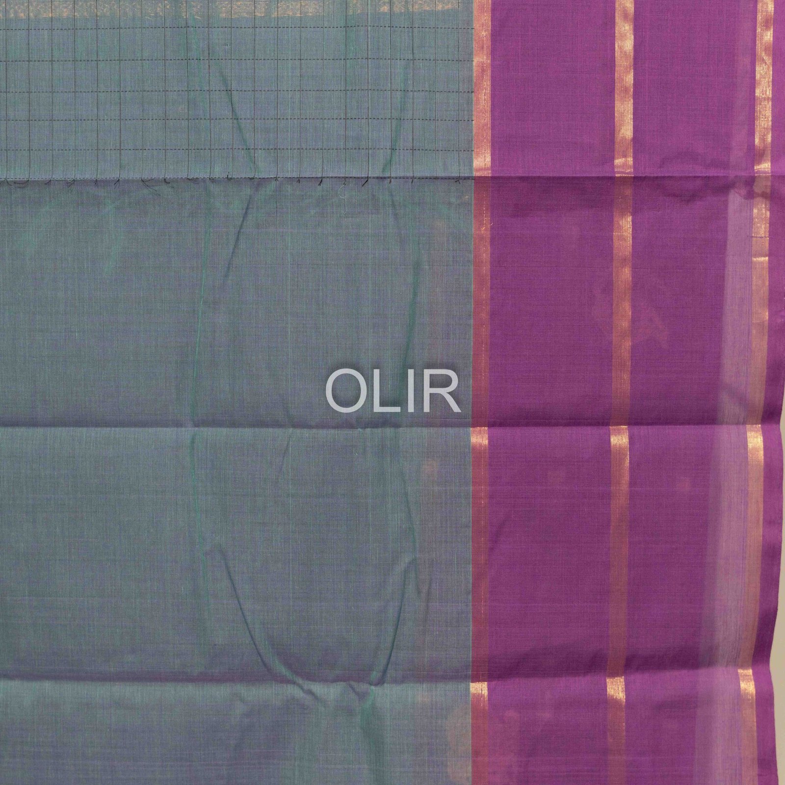 Handwoven Kanchi Cotton Saree – Peacock Blue with Royal Purple Temple Border - Image 3