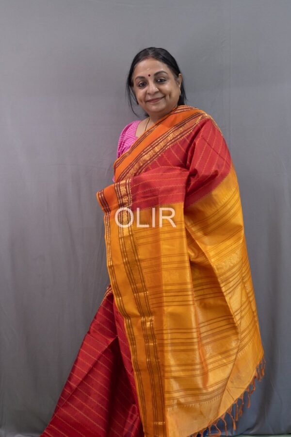 Handwoven Kalakshetra Silk Cotton Saree – Brick Red & Mustard Gold