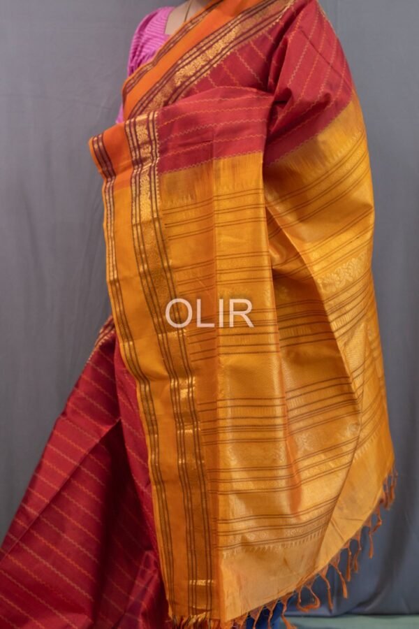 Handwoven Kalakshetra Silk Cotton Saree – Brick Red & Mustard Gold