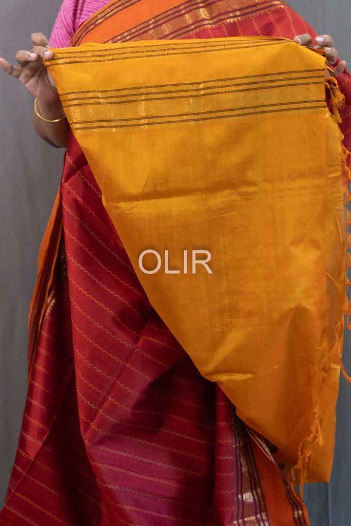 Handwoven Kalakshetra Silk Cotton Saree – Brick Red & Mustard Gold - Image 3