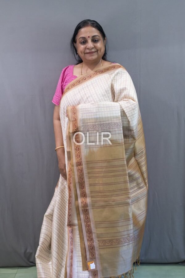Kalakshetra Silk Cotton Saree -Off-White Body with Antique Gold Pallu   with Lakshadeepam Motifs
